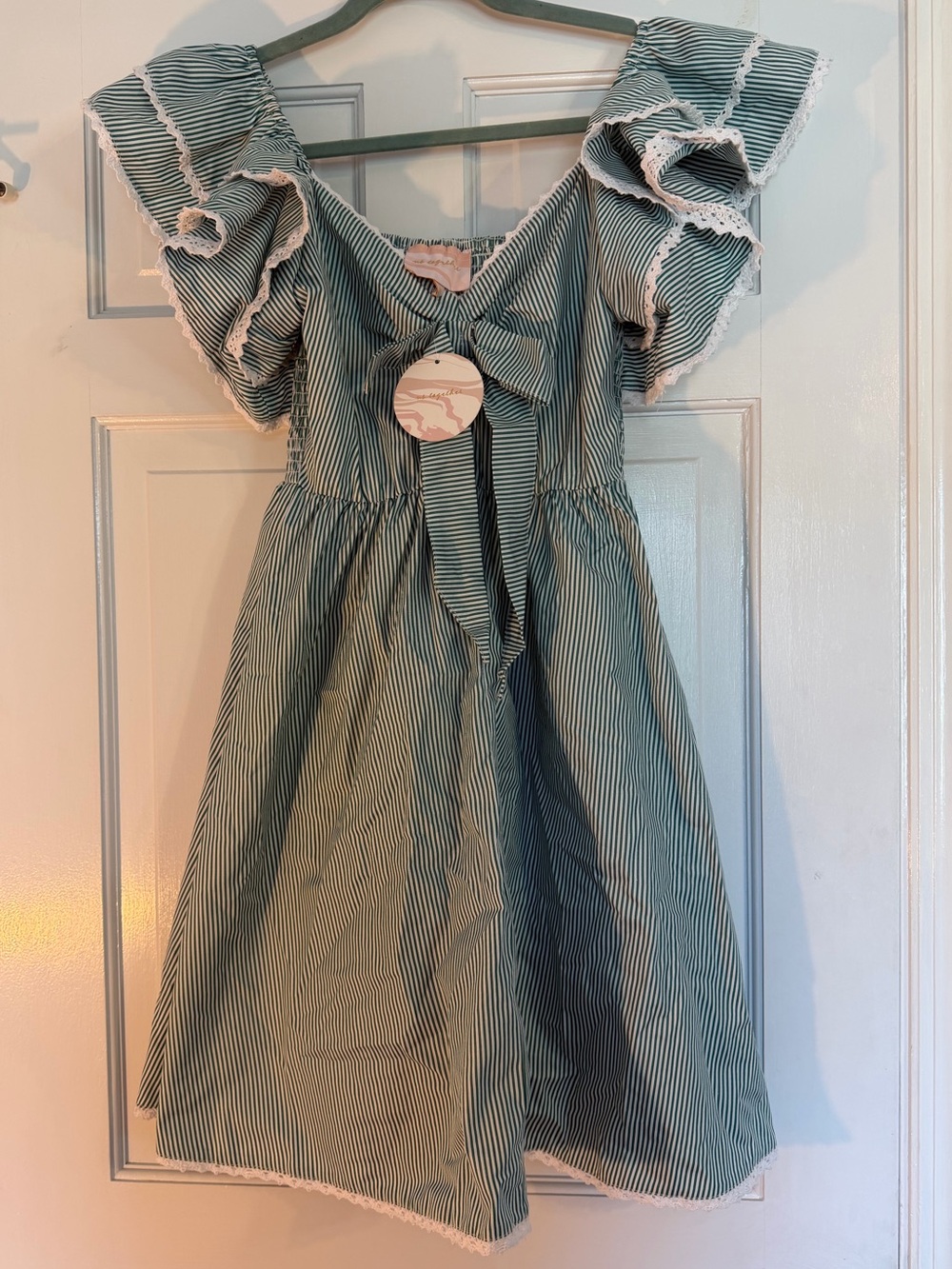 NWT Us Together Green White Stripe Lace Trim Ruffle Cottagecore Dress Sz Small